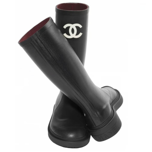 Chanel 22K Black White Caoutchouc CC Logo High Pull On Rubber Rain Boots 42 - Picture 1 of 12